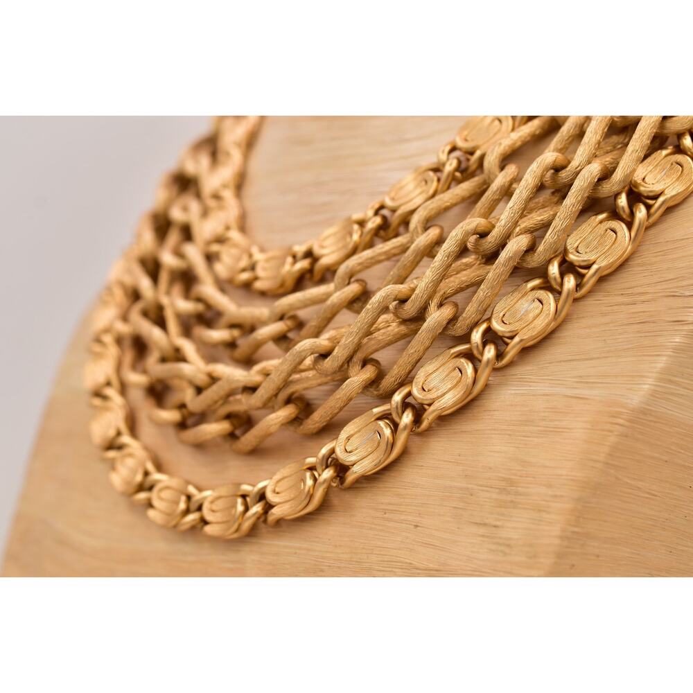 Vintage 1980s Gold Multi Strand Chain Necklace Bow Bib Statement Collar 80s BinT - Picture 10 of 12